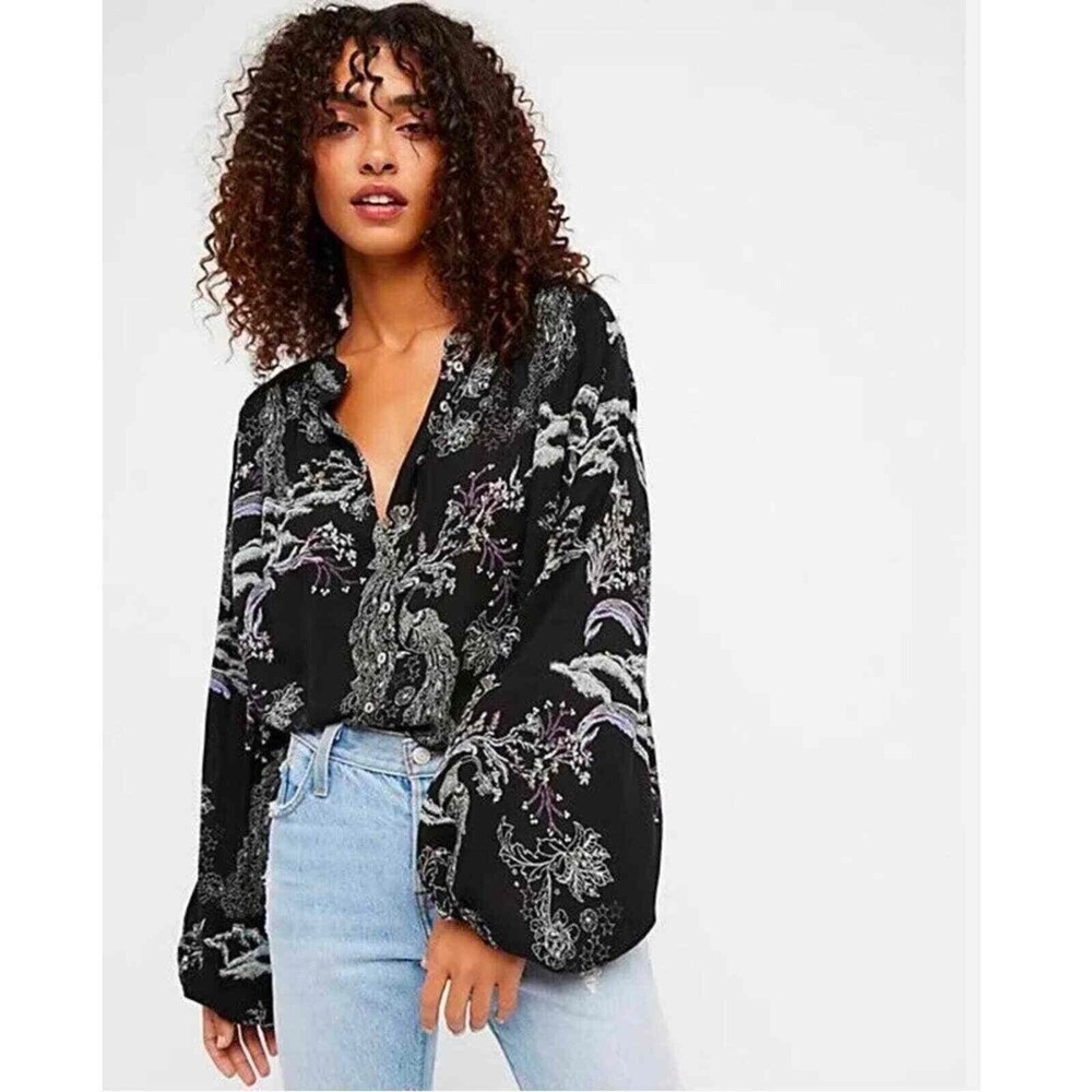 Free People Metallic Blooms XS Button Up Top Black Multi Long Sleeve EUC B54
